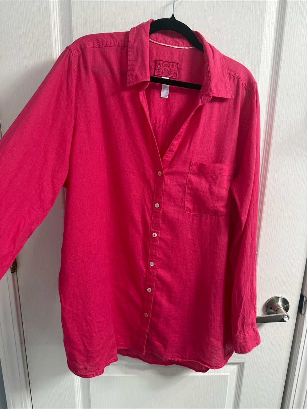 Sigrid Olsen Hot Pink Long-Sleeve Roll Tab Linen Button-Down Shirt Vacation